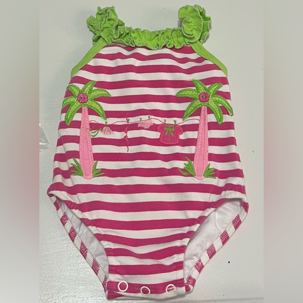 Pink and Green Striped Kids Swim One Piece